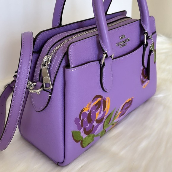 NWT💃Coach Mini Darcie Carryall With Rose Print/Pebble Leather/ Purple - Picture 3 of 13